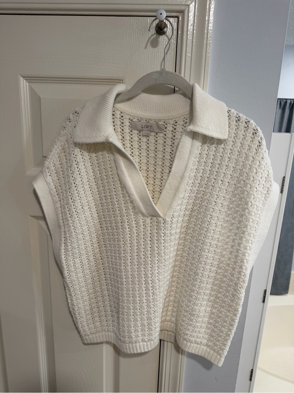 LOFT Cream Open V-Neck Knit Sweater with Collar